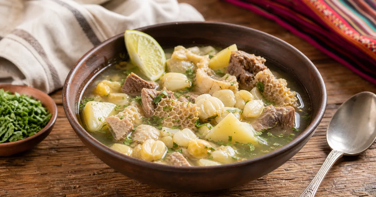 Caldo de mote em uma tigela com milho, batatas, carne e ervas frescas