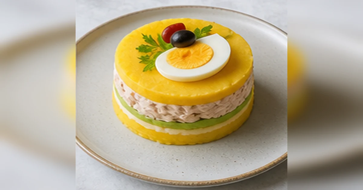 Causa limeña servida em uma mesa de cozinha peruana
