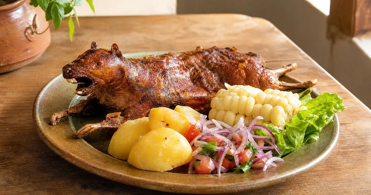 Peruvian cuy chactado served with potatoes, corn and salsa criolla